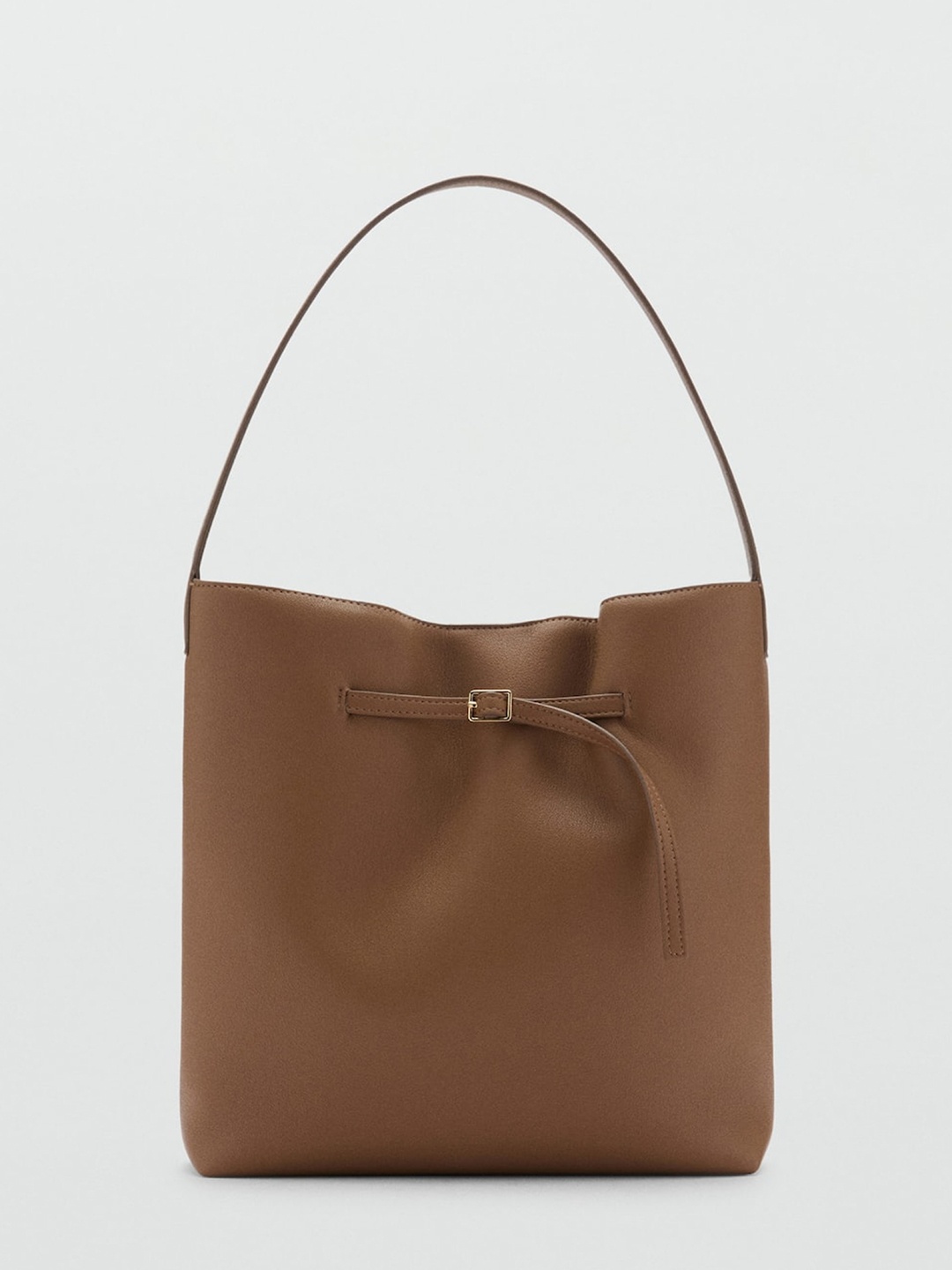 

MANGO Faux Leather Bucket Shoulder Bag With Buckle Detail, Tan