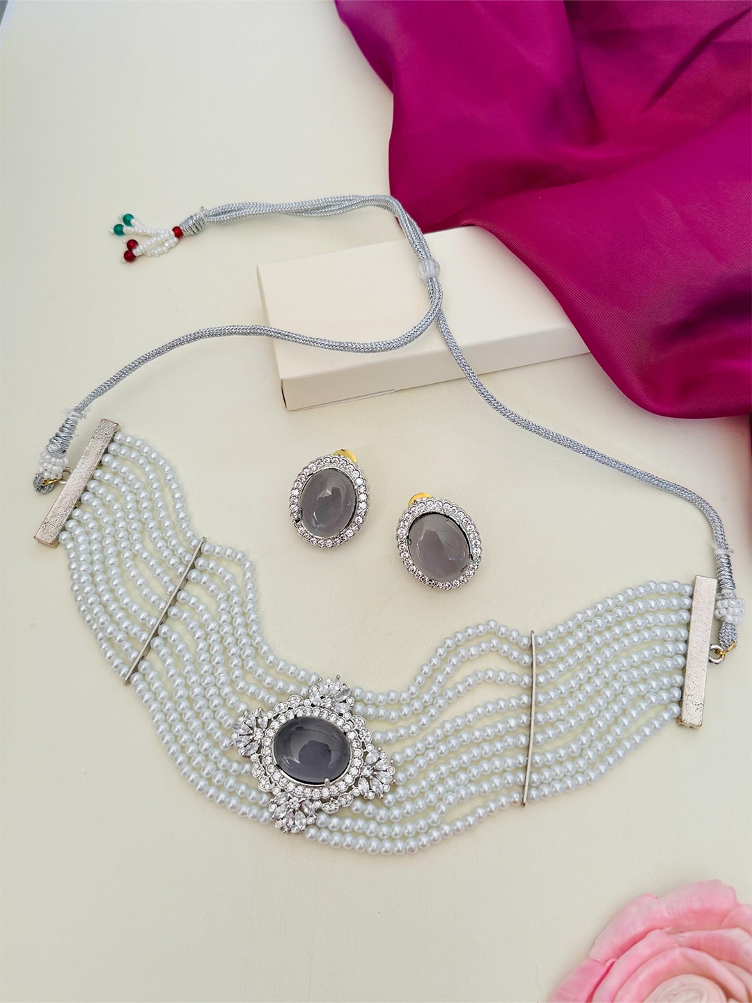 

ABDESIGNS Silver-Plated Polki AD Stone Studded & Beaded Choker Jewellery Set