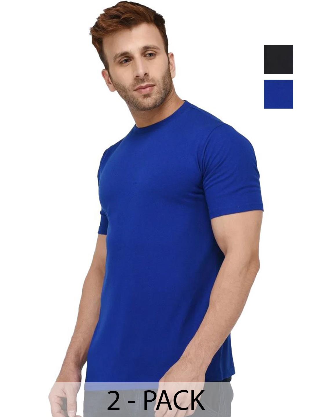

VIXENLY Men Pack Of 2 Solid Round Neck Cotton T-shirts, Blue