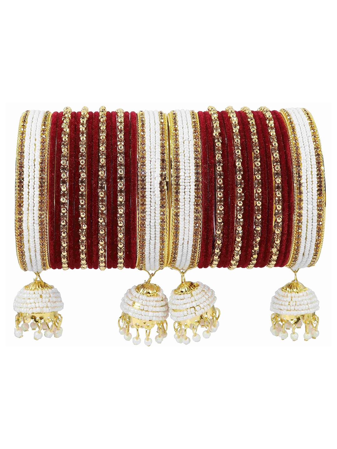 

ZULKA Set of 16 Zircon Gemstone and Velvet Adorned Bells Metal Latkan Bangles, Red