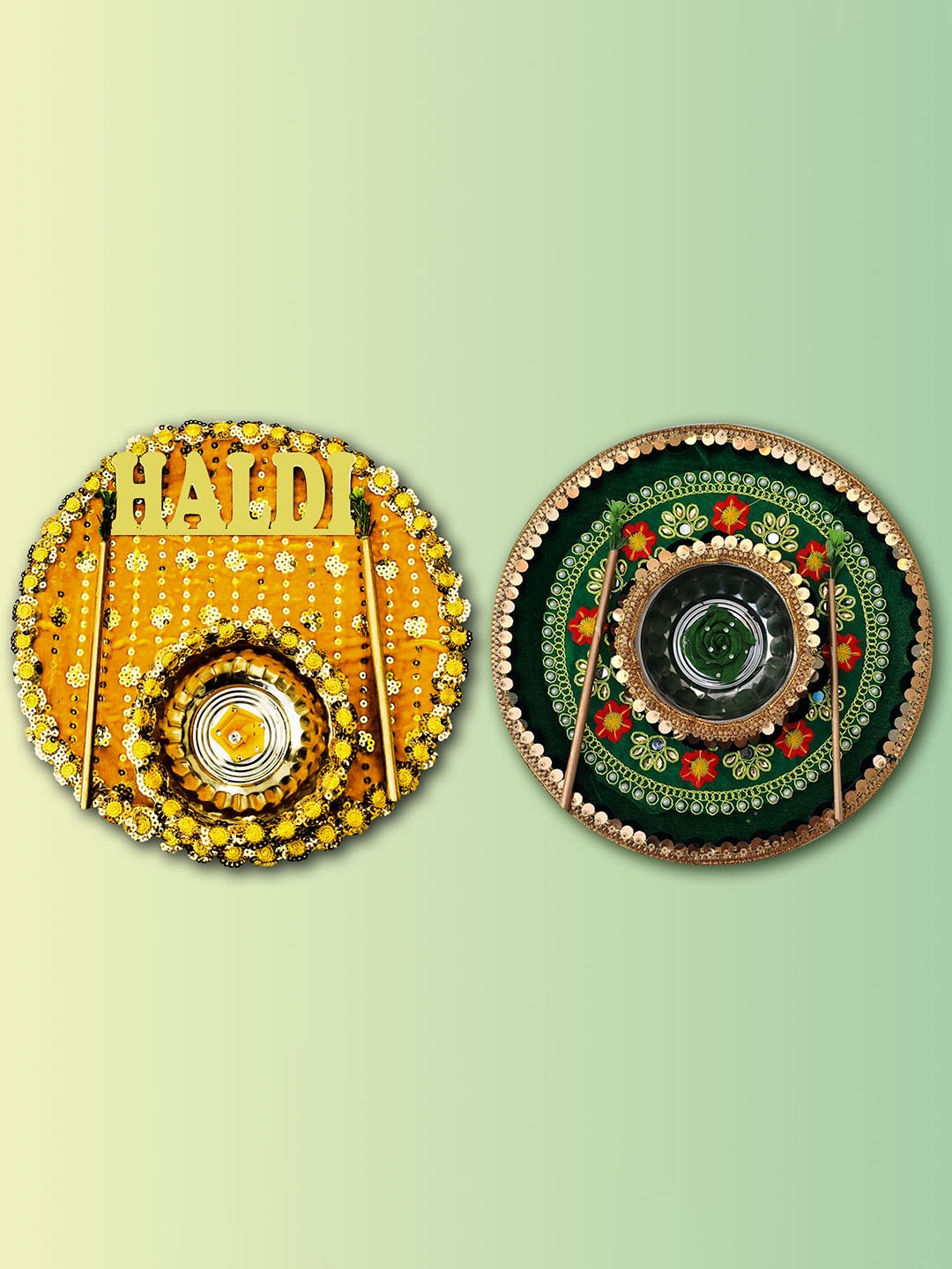 

ME & YOU Yellow & Green 2 Pieces Embroidered Metal Haldi Thali Set