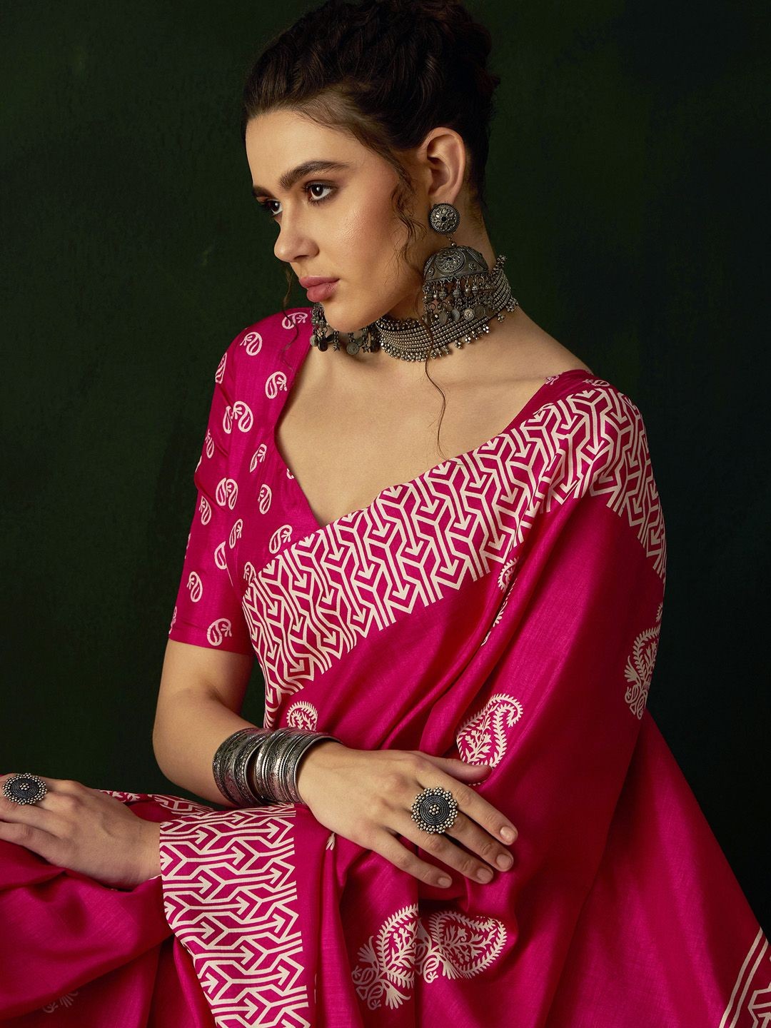 

Sangria Bagru Printed Saree With Blouse, Pink