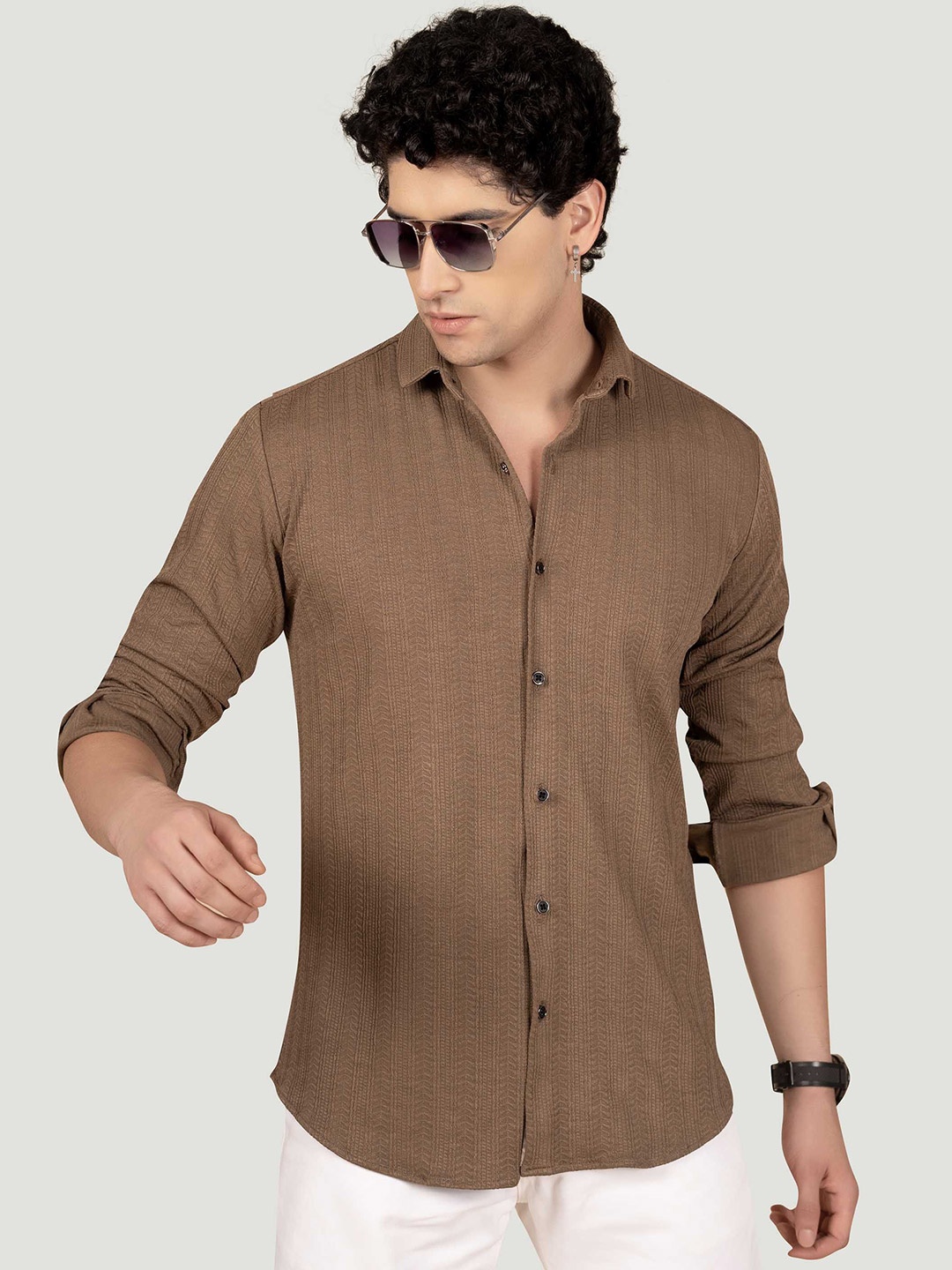 

ALMATY Men Comfort Spread Collar Textured Elastane Slim Fit Casual Shirt, Brown