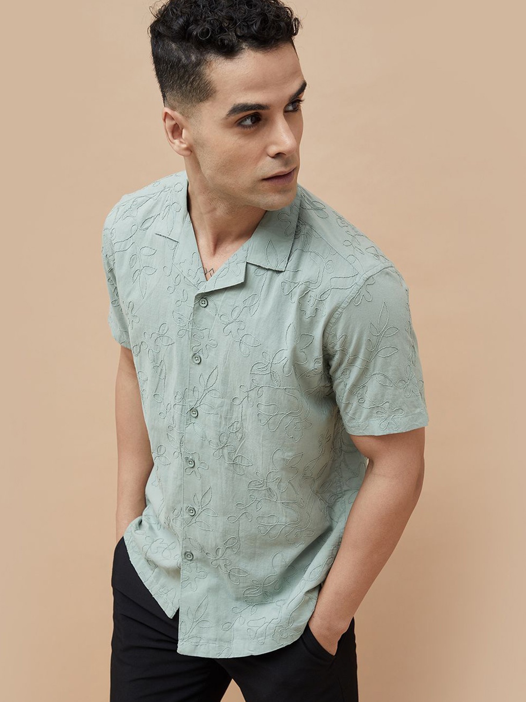 

CODE by Lifestyle Men Cuban Collar Floral Solid Cotton Casual Shirt, Sea green