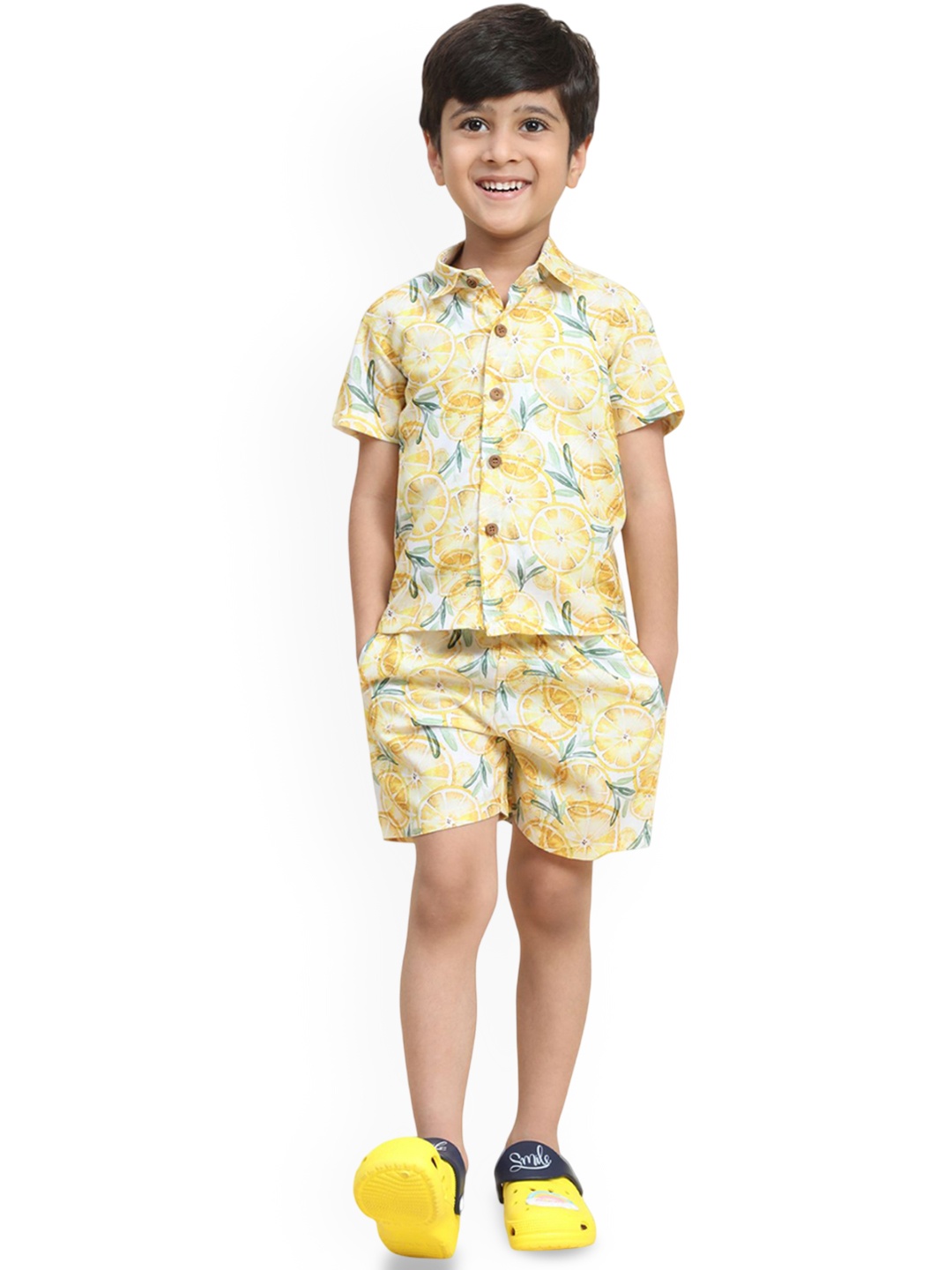 

Funny Bones Clothings Boys Printed Short Sleeves Linen Shirt With Shorts, Yellow