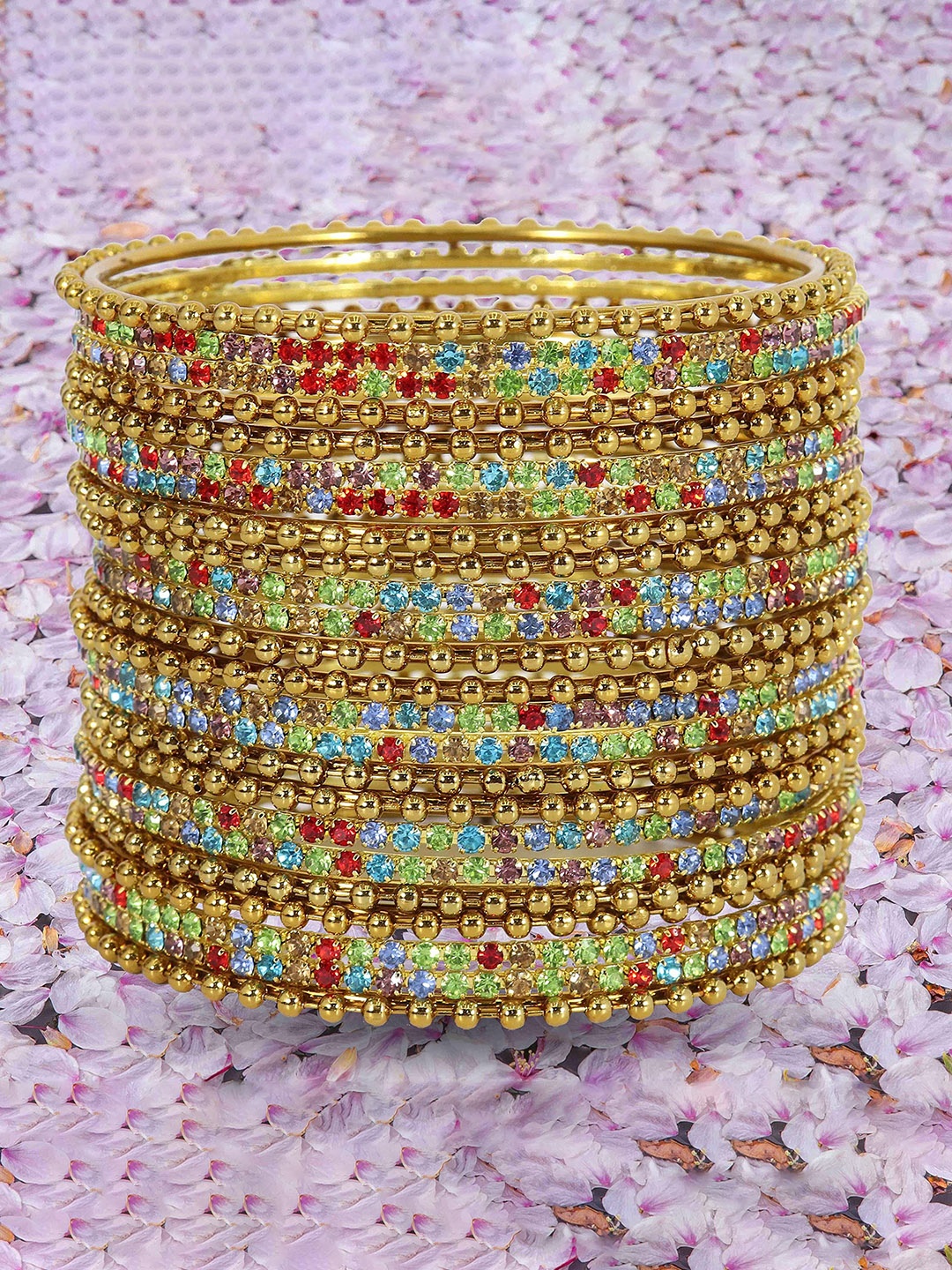 

ZULKA Set Of 24 Stones-Studded & Beaded Bangles, Gold