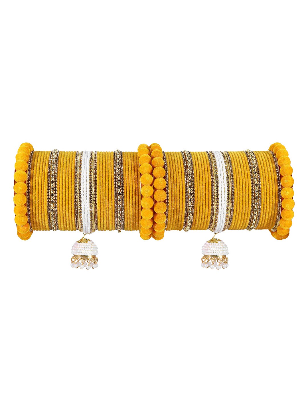 

ZULKA Set of 74 Designer Metal White Stone & Pearls Moti Velvet Latkan Bridal Chuda, Red