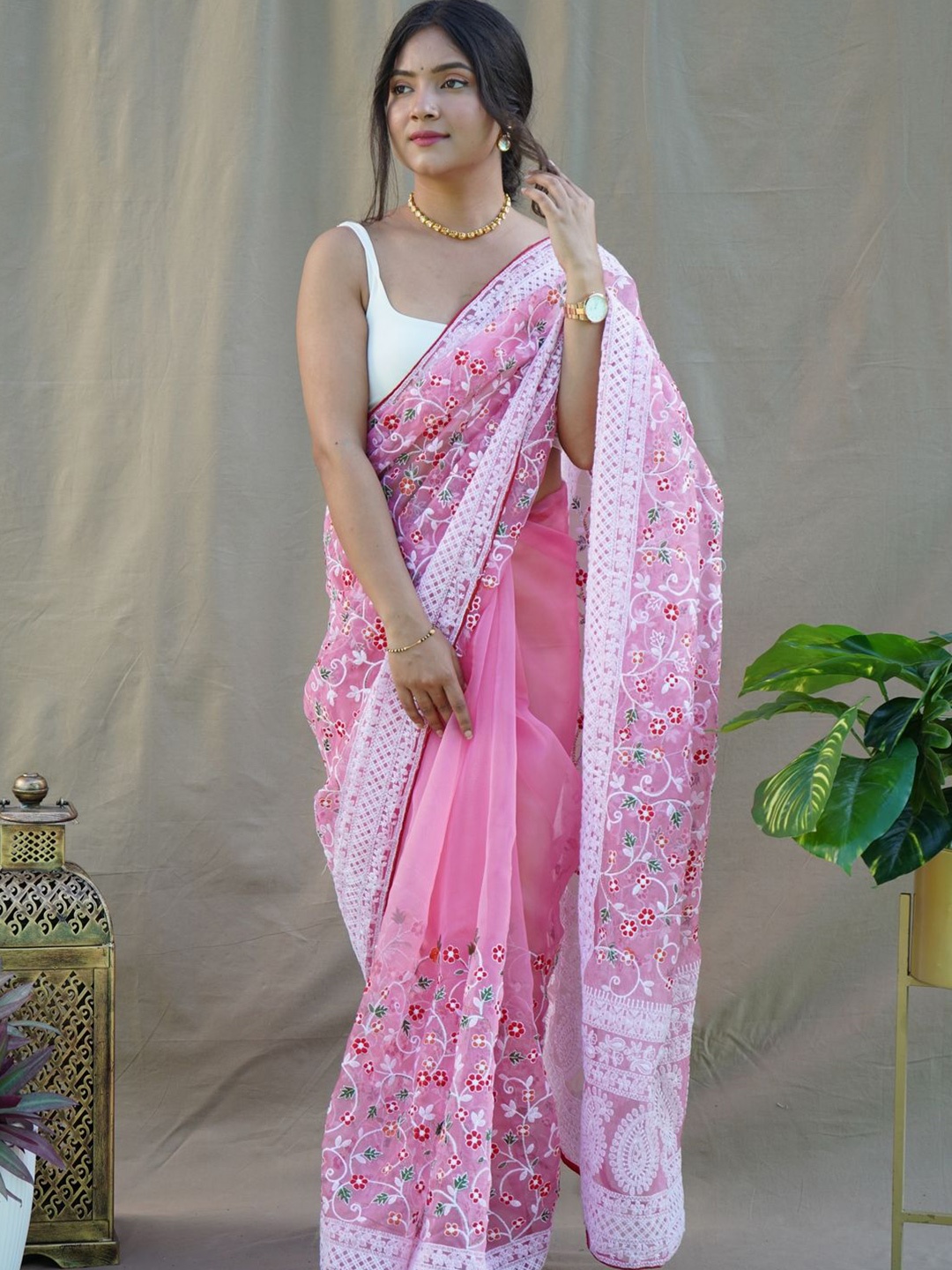 

Anouk Floral Embroidered Organza Saree, Pink