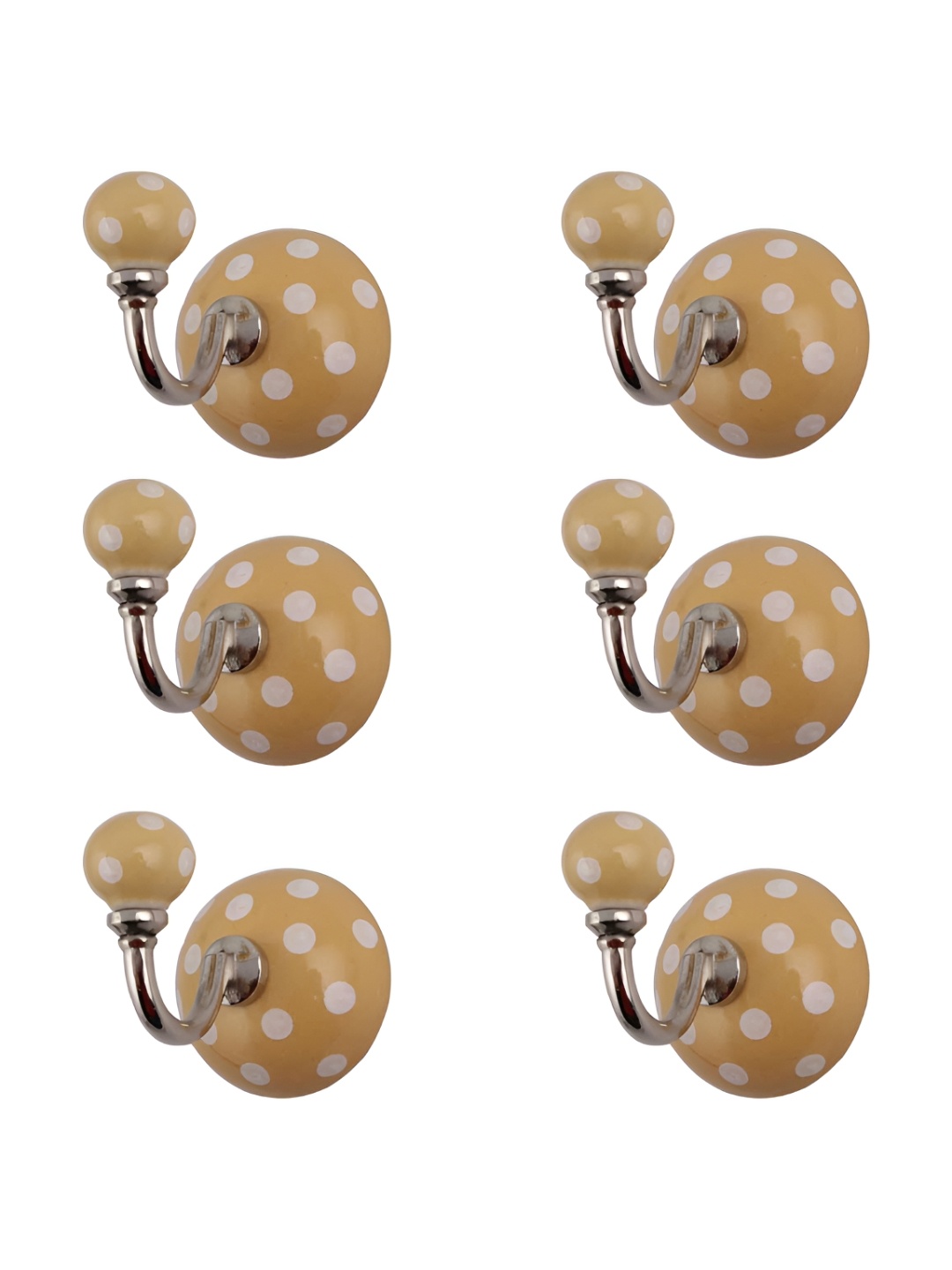 

IndianShelf Mustard Yellow & White 6 Pcs Dotted Printed Ceramic Wall Hooks