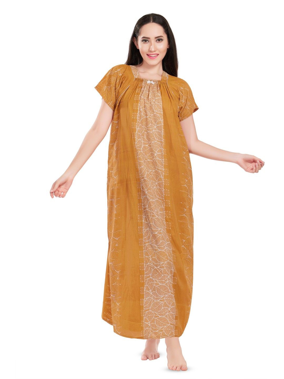 

Zionity Women Square Neck Printed Maxi Nightdress, Yellow