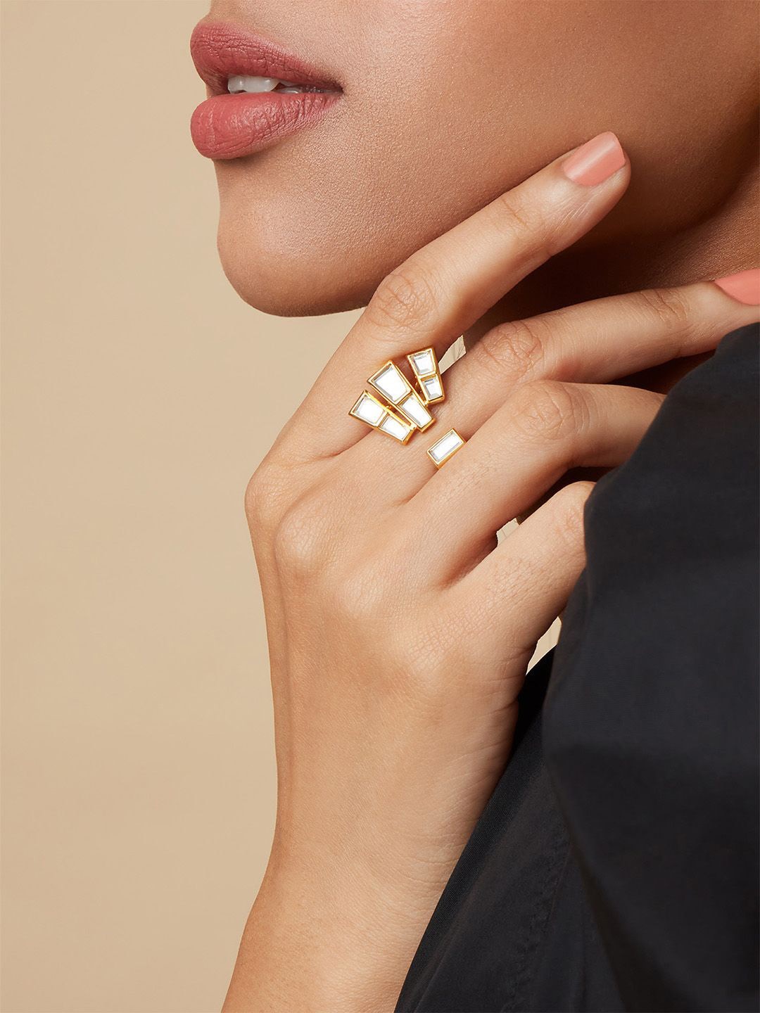 

Isharya Mirrors On The Move 2.0 Gold Plated Abstract Mirror Studded Adjustable Finger Ring