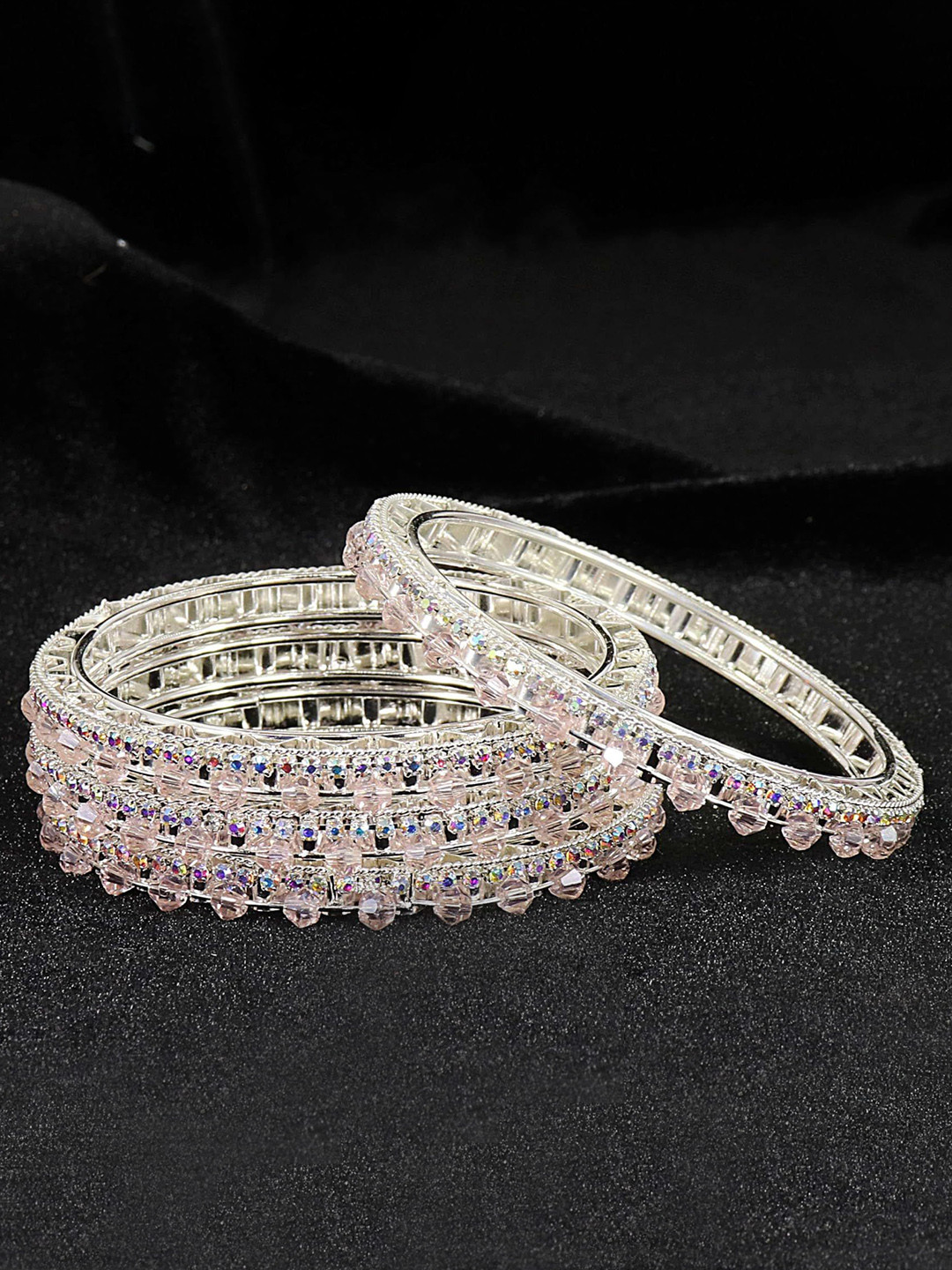

ZULKA Set of 4 Stylish Zircon Gemstone & Pearls Beaded Metal Bangles, Silver