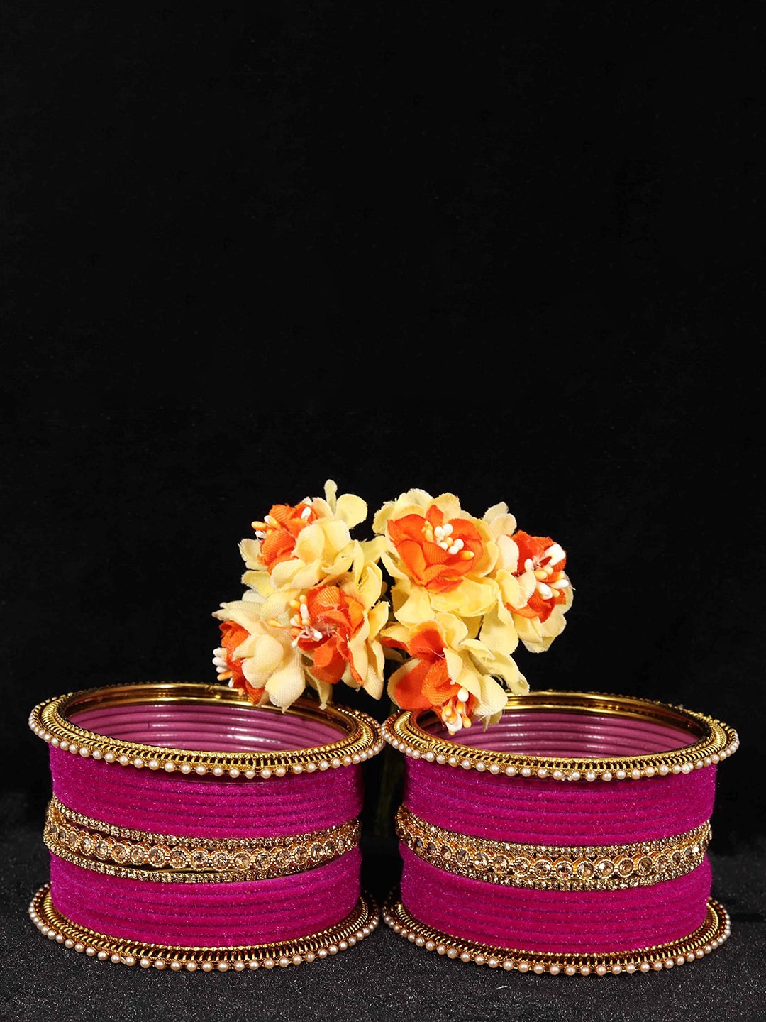 

ZULKA Set Of 34 Artificial Stones and Beads Studded Bangles, Gold