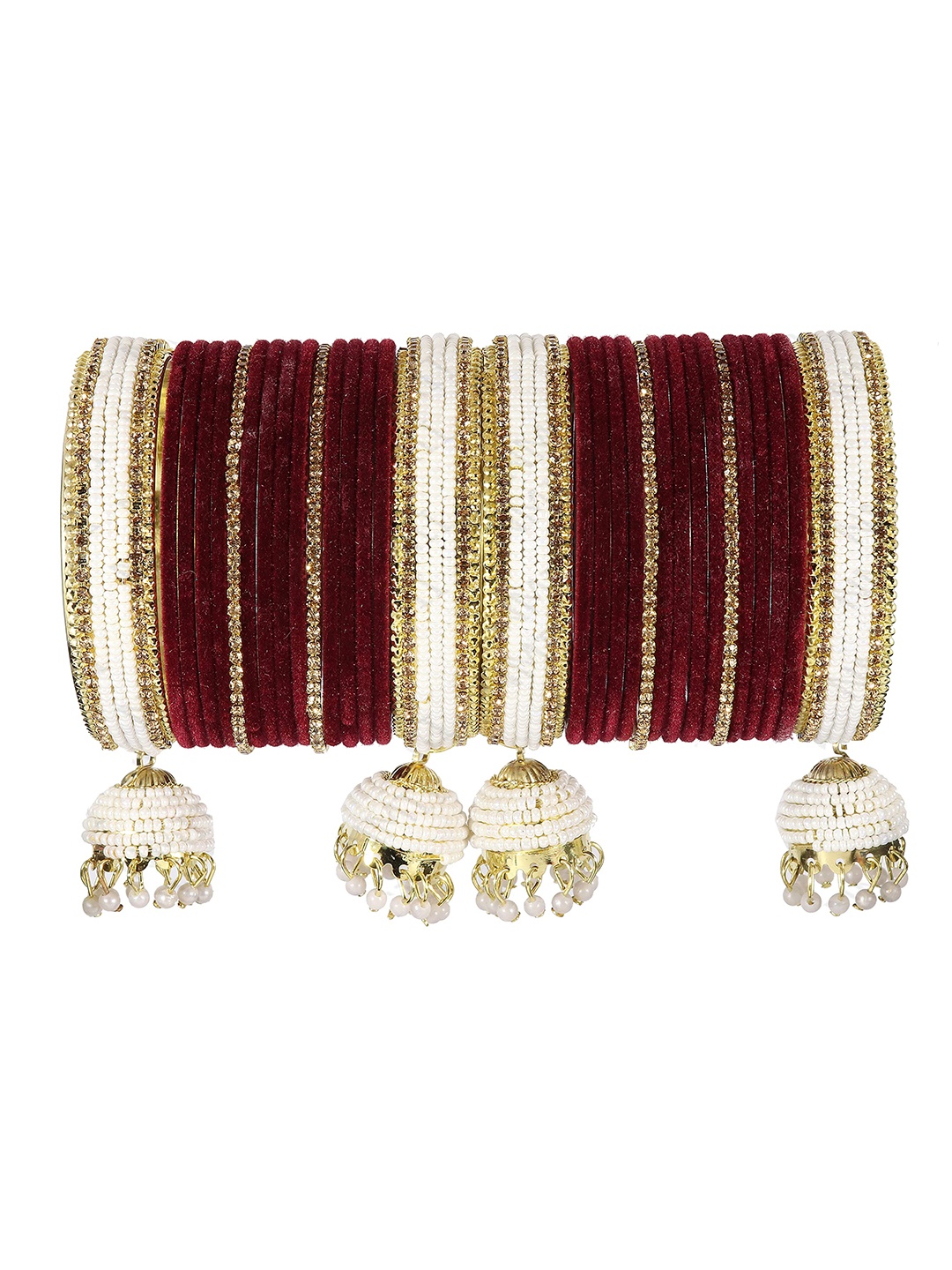 

ZULKA Set of 32 Alloy Studded with Zircon Gemstone Pearls and Velvet Latkan Bangles, Maroon