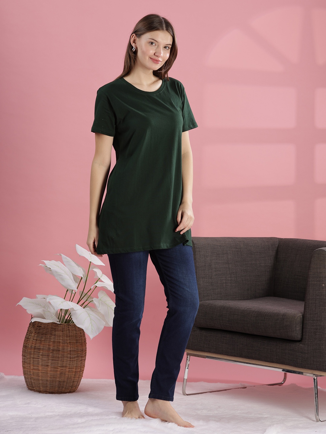 

9shines Label Women Cotton Round Neck Lounge T-Shirt, Green