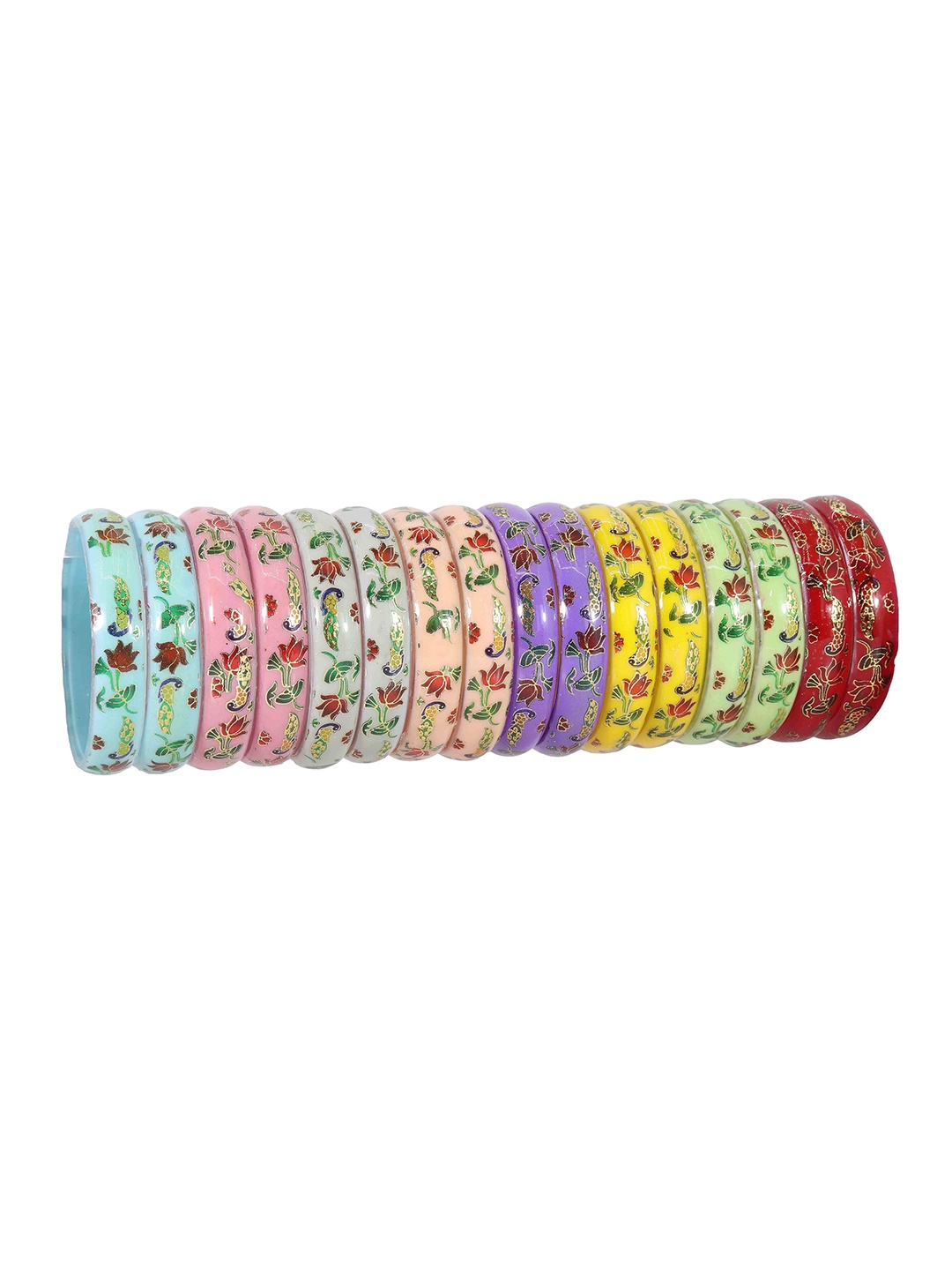 

ZULKA Set Of 16 Designer Peacock & Rose Flower Print Bangles, Green