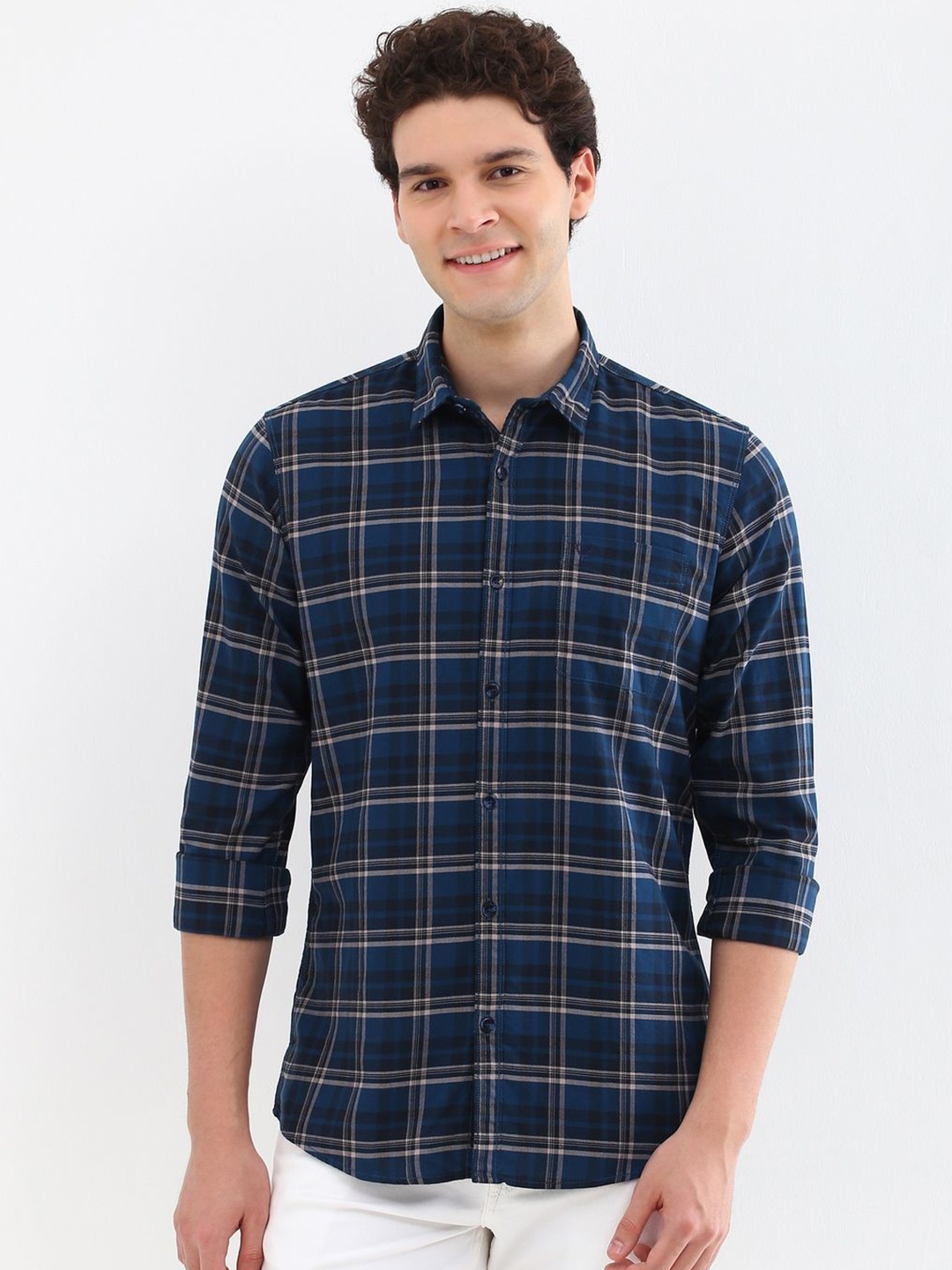 

Allen Solly Men Custom Spread Collar Tartan Checked Cotton Casual Shirt, Navy blue