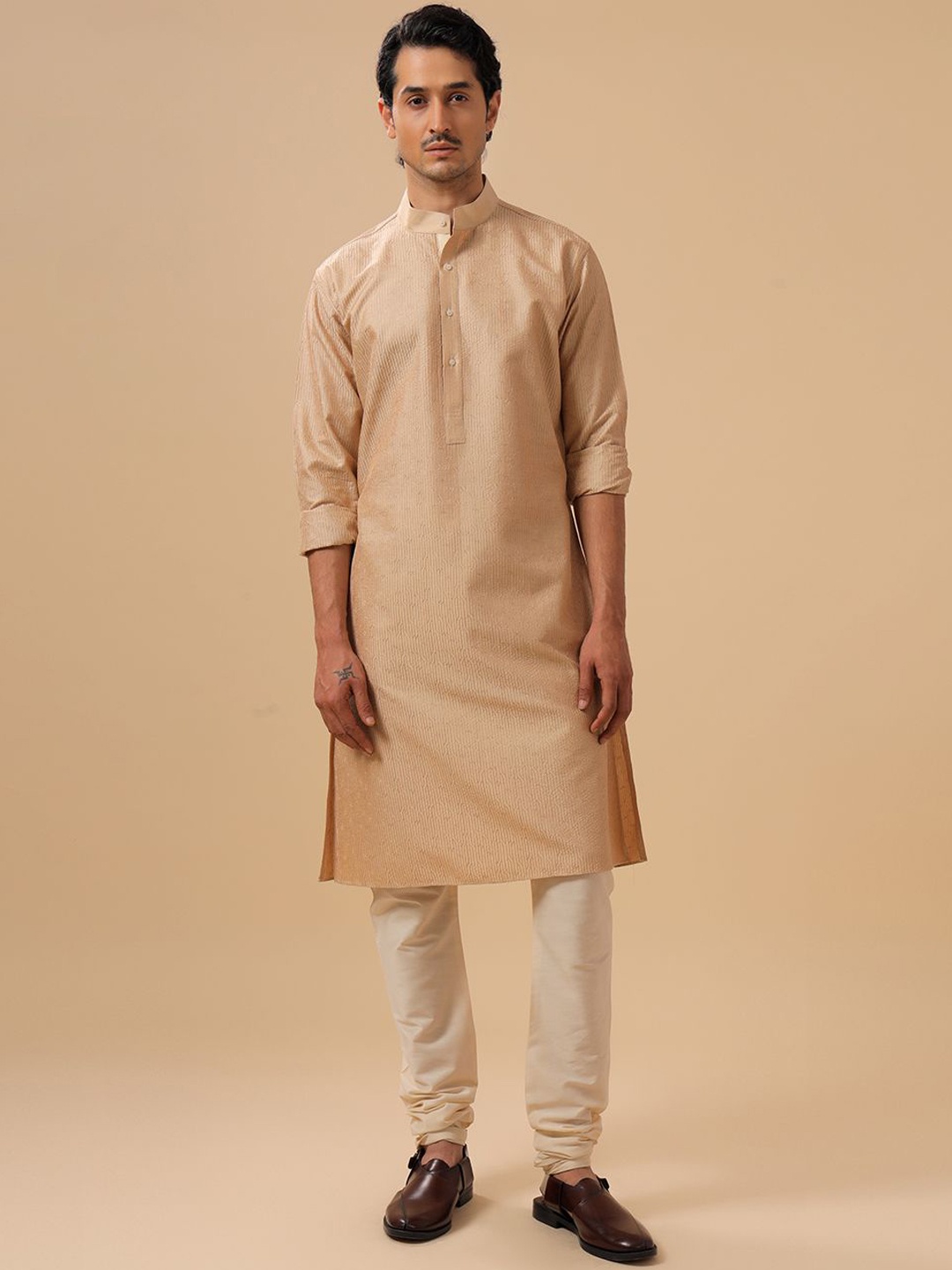 

RR Blue Striped Printed Band Collar Straight Raw Silk Kurta, Beige