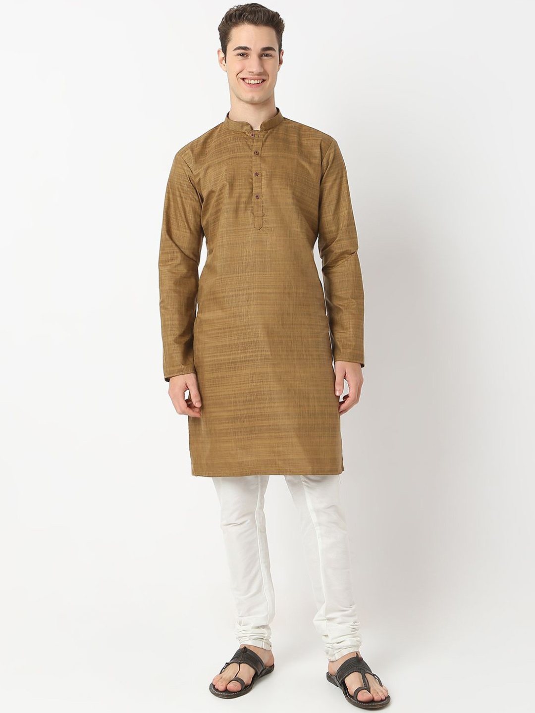 

BELLAZO Mandarin Collar Cotton Silk Straight Kurta, Brown