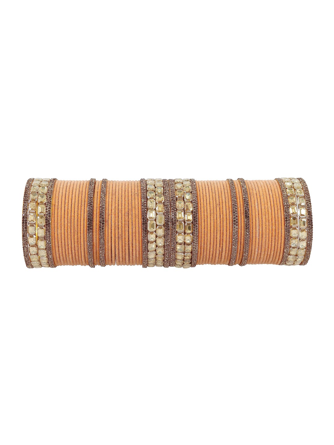 

ZULKA Set of 68 Metal with Zircon Gemstone Studded Velvet Bangles, Peach