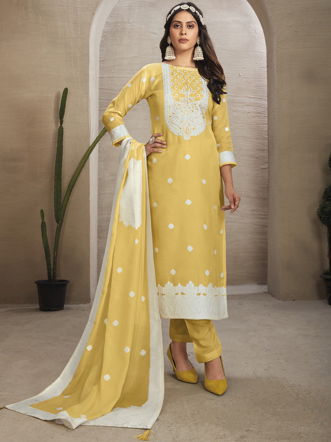 

KSM PRINTS Floral Embroidered Organza Unstitched Dress Material, Yellow