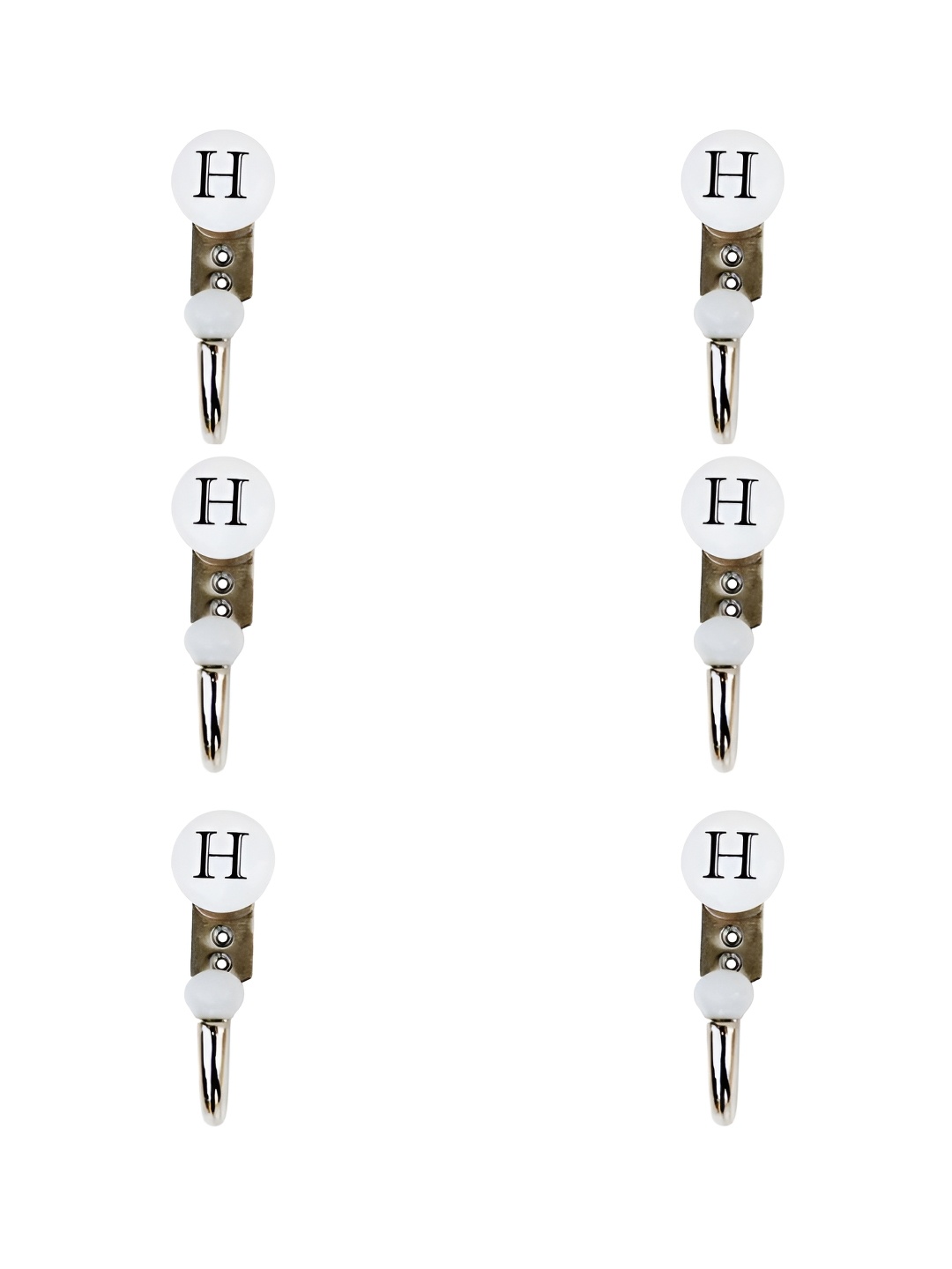 

IndianShelf Silver-Toned & White 6 Pieces H Alphabet Printed Ceramic & Zinc Wall Hooks