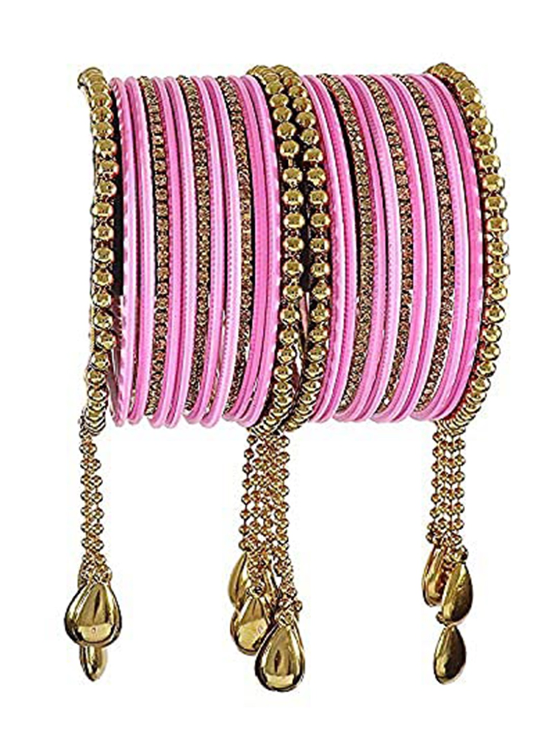 

ZULKA Set Of 26 Bangles Non-Precious Metal Zircon Gemstone Latkan Bangle, Pink