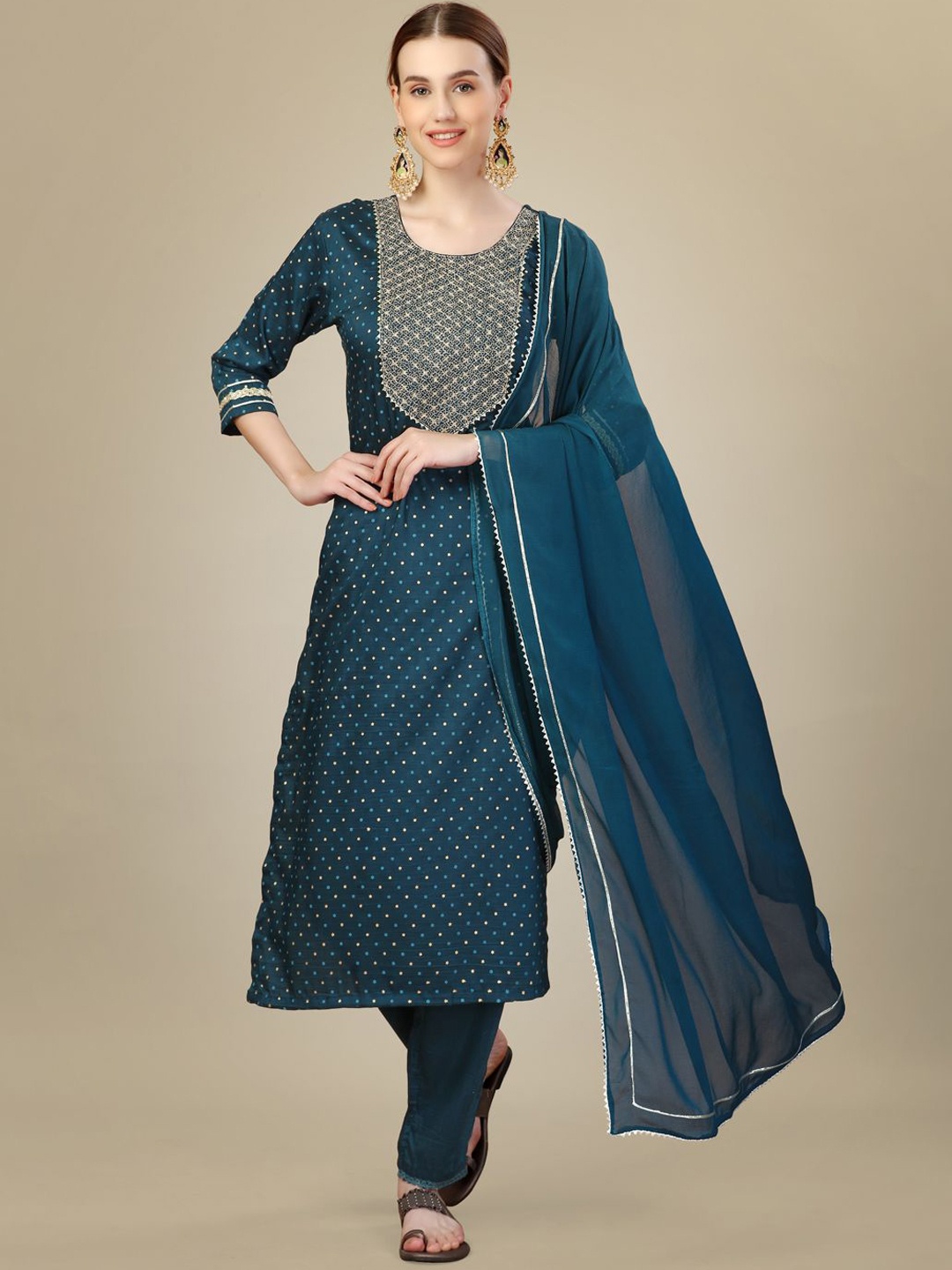 

BERISTON Women Floral Embroidered Regular Kurta with Trousers & With Dupatta, Navy blue