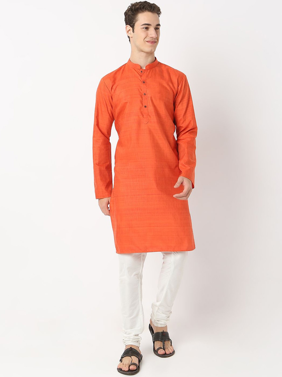 

BELLAZO Mandarin Collar Cotton Silk Straight Kurta, Orange