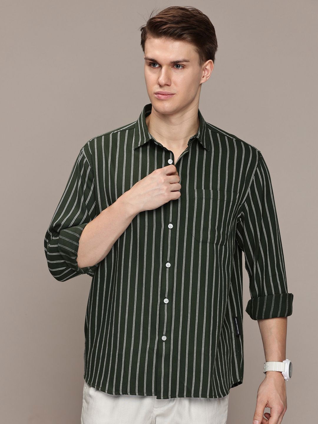 

French Connection Men Premium Spread Collar Vertical Striped Cotton Oversized Casual Shirt, Olive