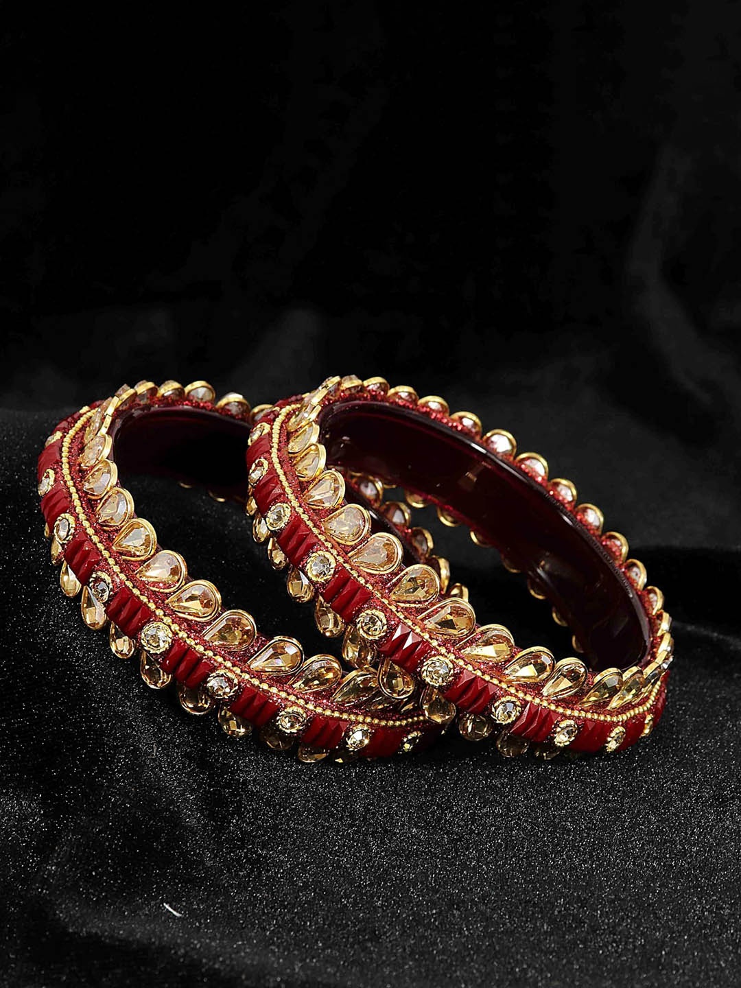 

ZULKA Set of 2 Golden Kundan & Zircon Stone Studded Glass Bangles Kada, Maroon