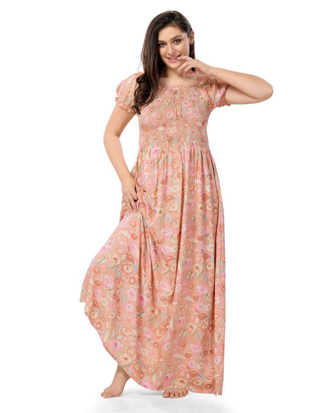 

Soulemo Women Printed Round Neck Maxi Nightdress, Pink