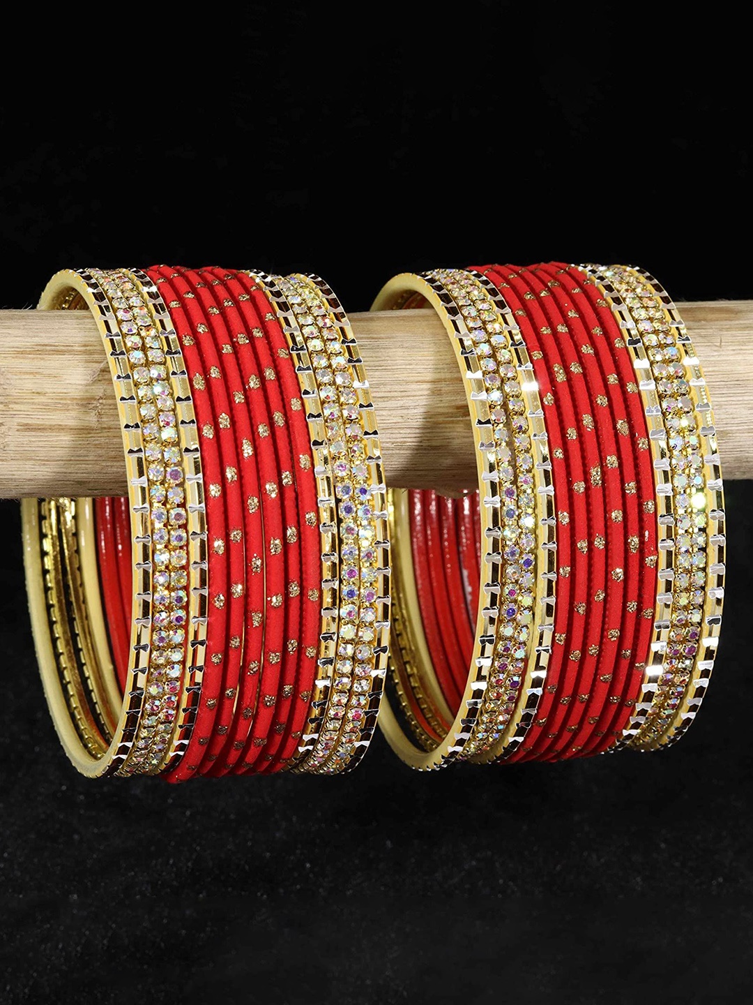 

ZULKA Set of 40 Meta Base Zircon Gemstone Studded Bangles, Red