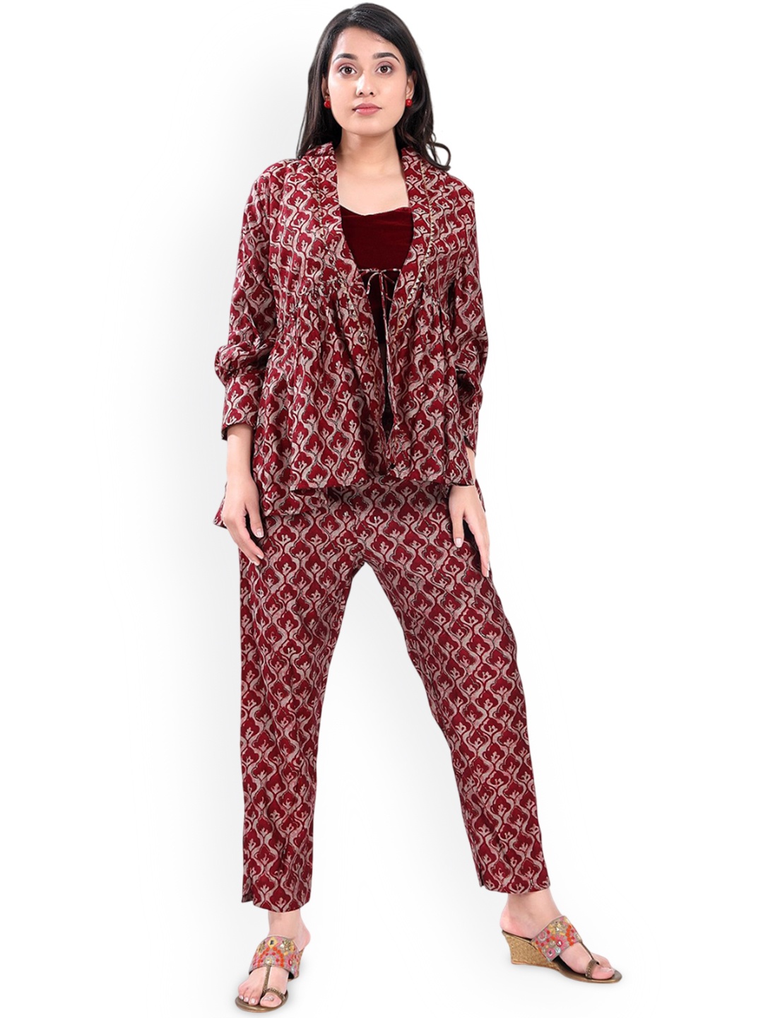 

Fabme Printed Shoulder Straps Top and Jacket With Trousers, Maroon