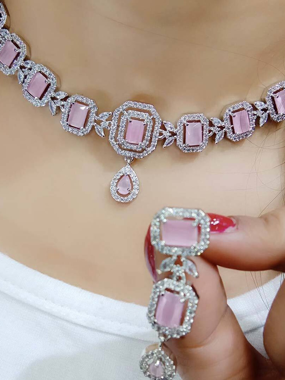 

SUNHARI Silver-Plated Stone Studded Necklace & Earrings
