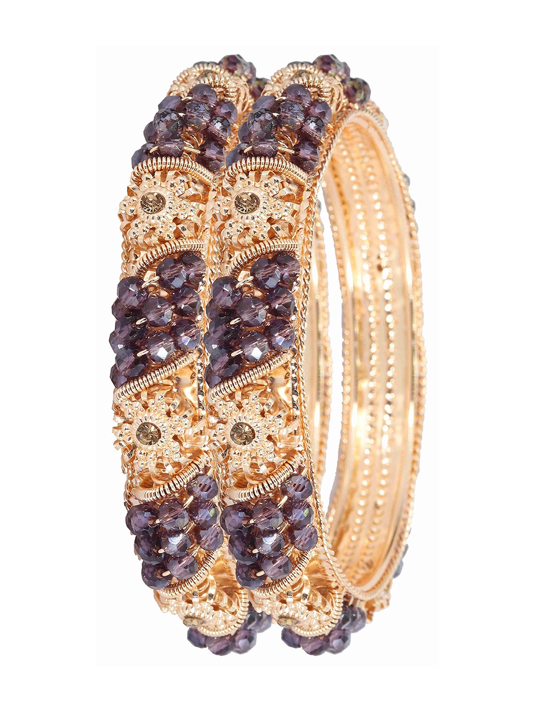 

ZULKA Set of 2 Metal with Zircon Gemstone Studded & Beaded Kada, Purple