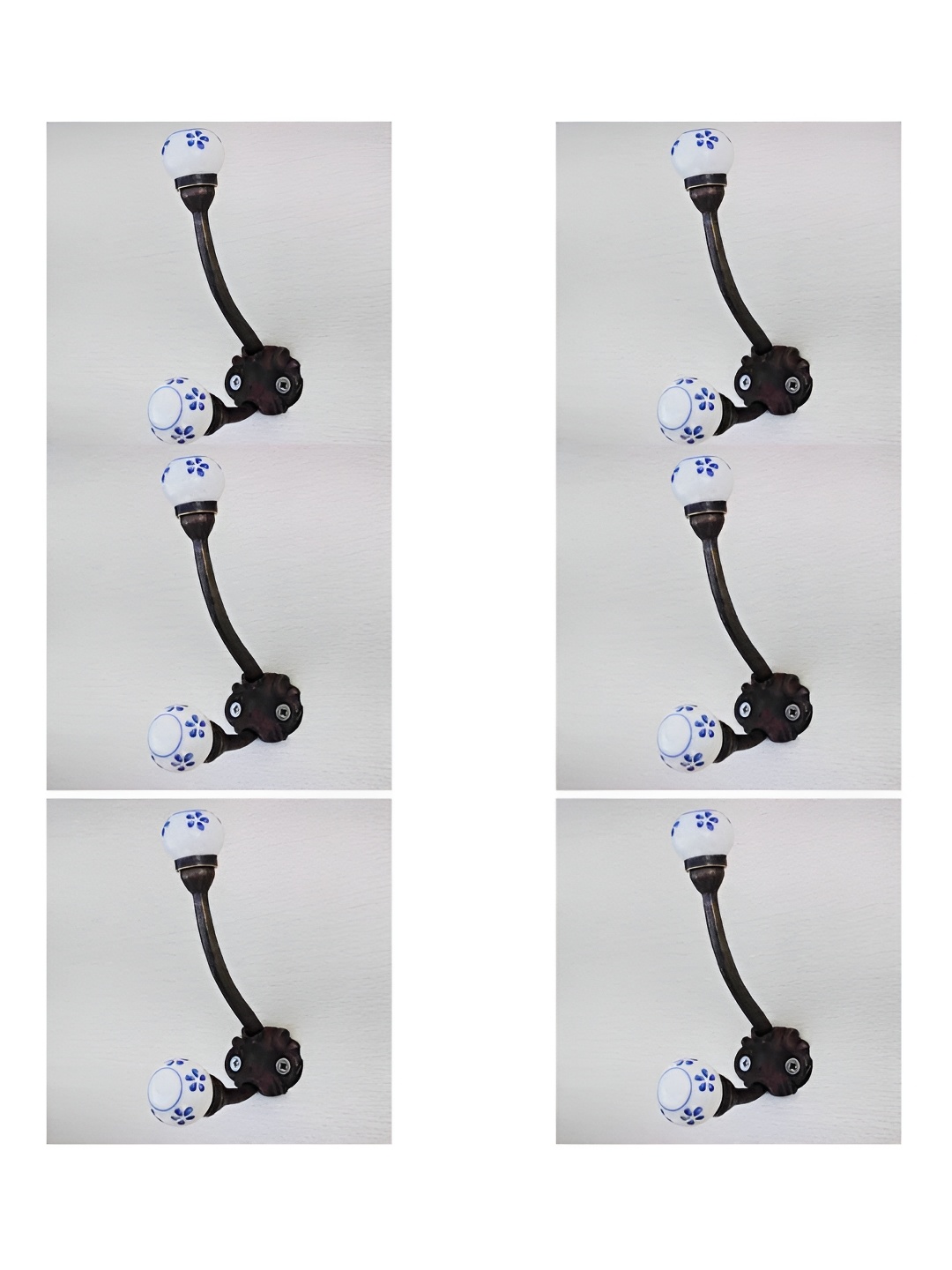 

IndianShelf White & Blue 6 Pieces Floral Printed Ceramic Wall Hooks