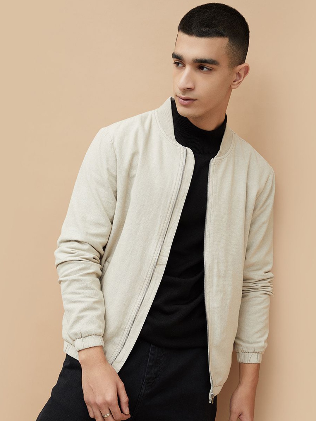 

Fame Forever by Lifestyle Men Collarless Solid Linen Casual Sporty Jacket, Off white