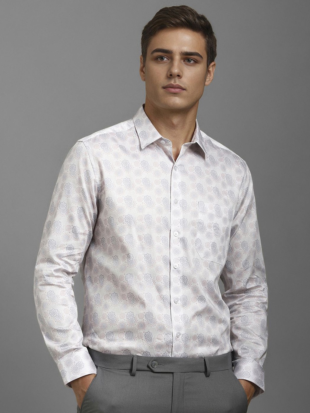 

Louis Philippe Men Spread Collar Floral Printed Cotton Slim Fit Formal Shirt, White