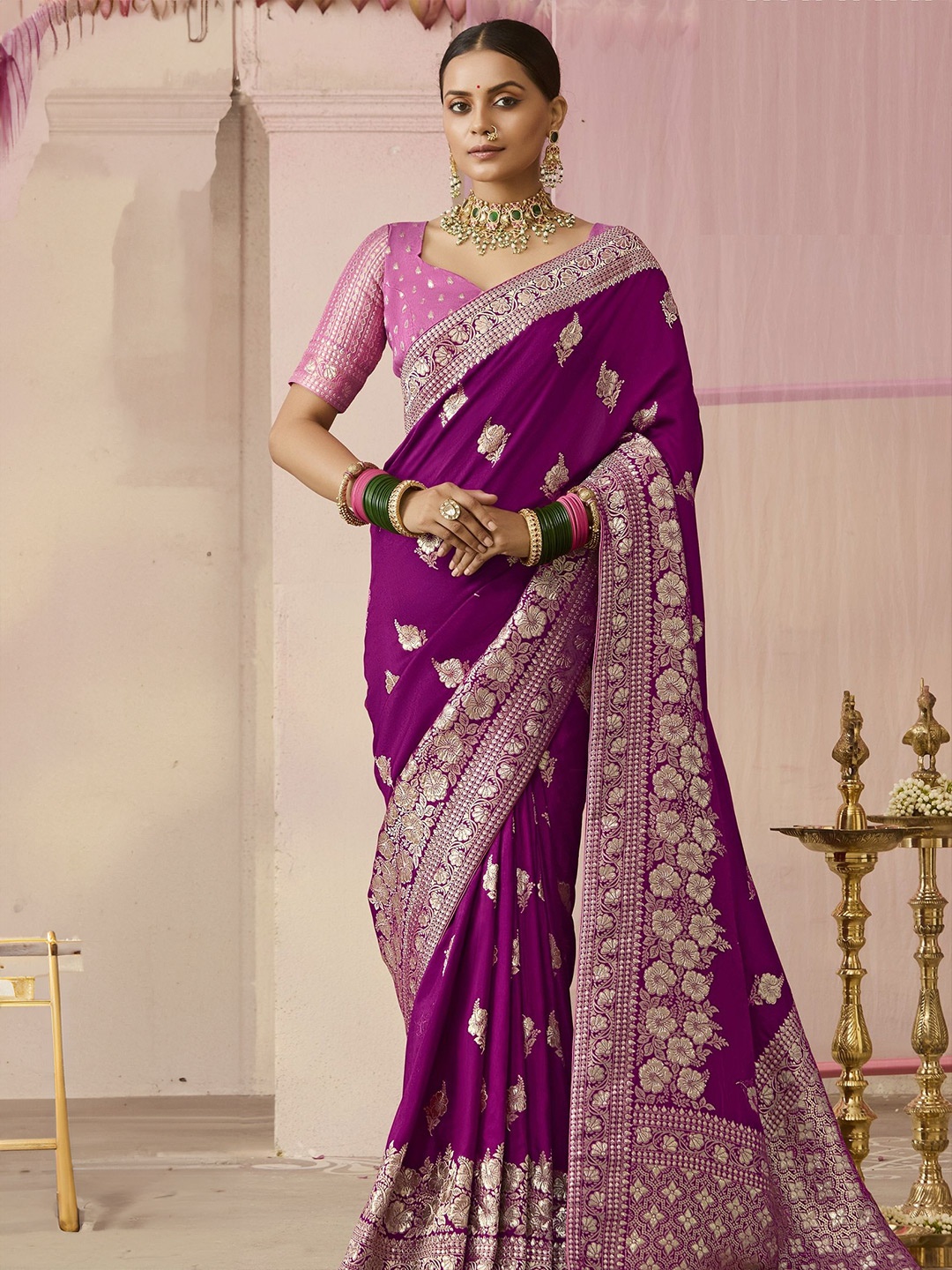 

MAHALASA Woven Design Zari Pure Silk Designer Banarasi Saree, Purple