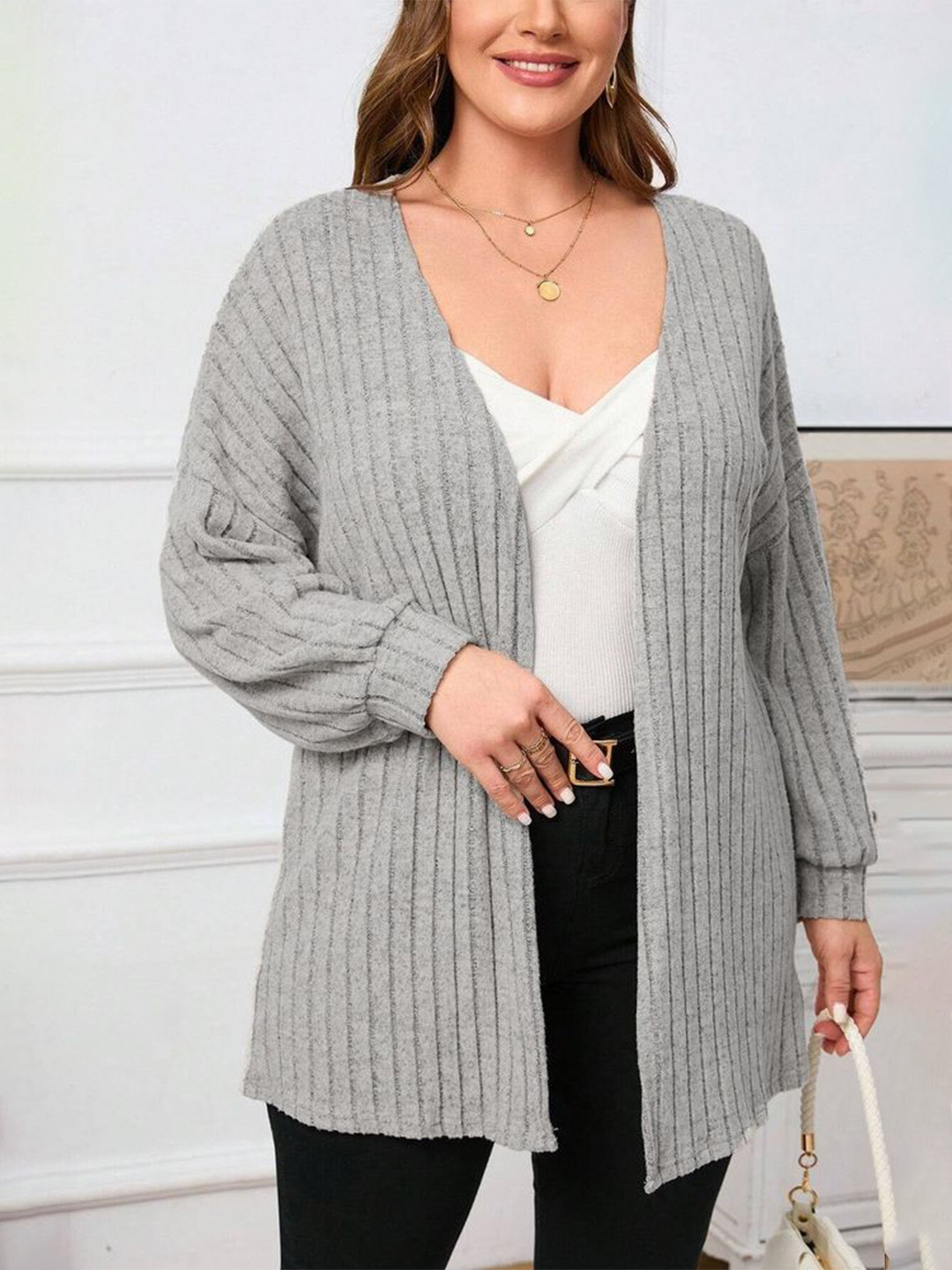 

LULU & SKY Women Striped Shrug, Grey