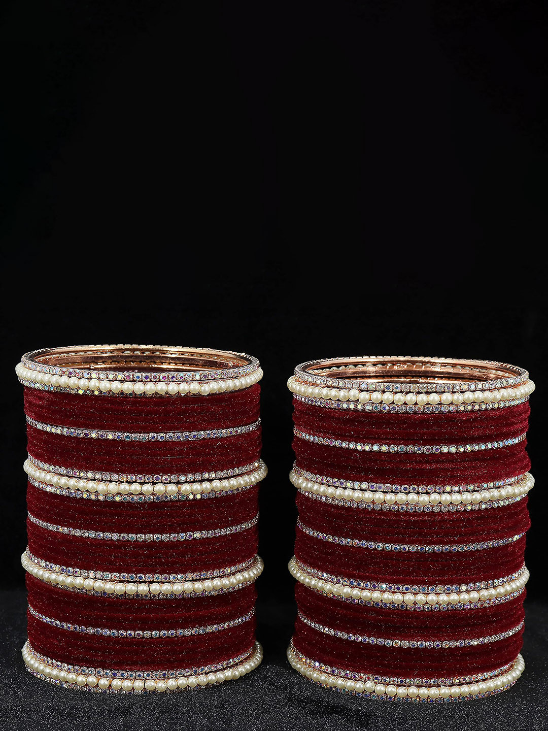 

Set of 78 Metal with Cubic Zirconia and Pearls Velvet Bangles For Women, Red