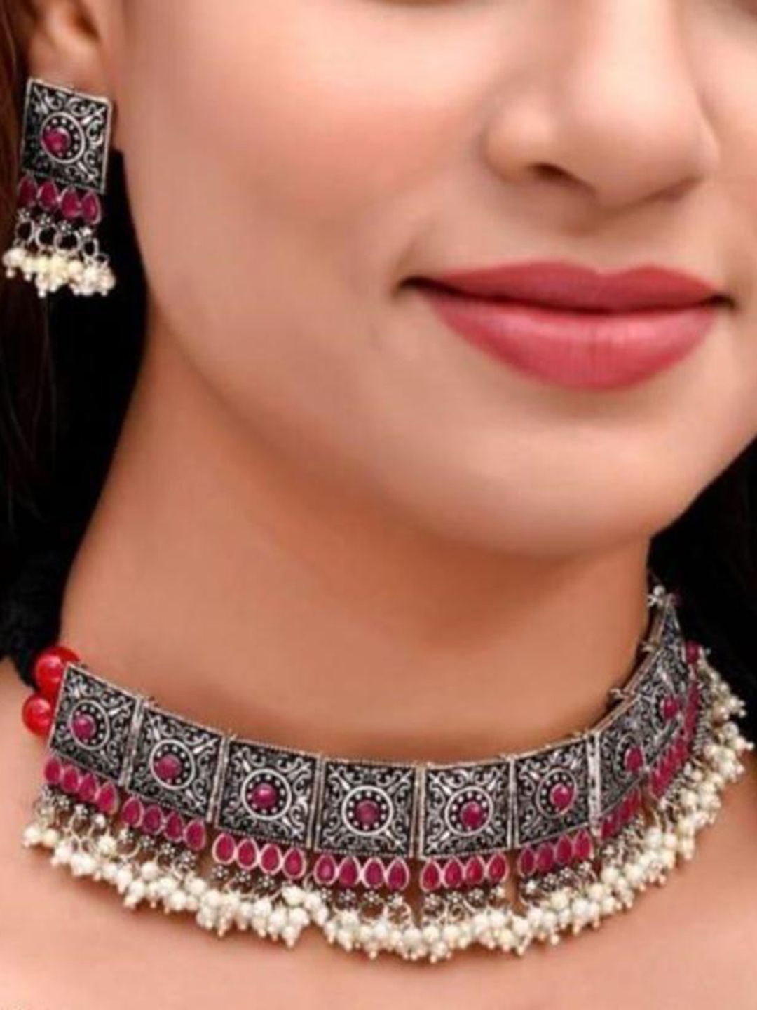 

SUNHARI Oxidized Stone Studded & Beaded Jewellery Set, Silver