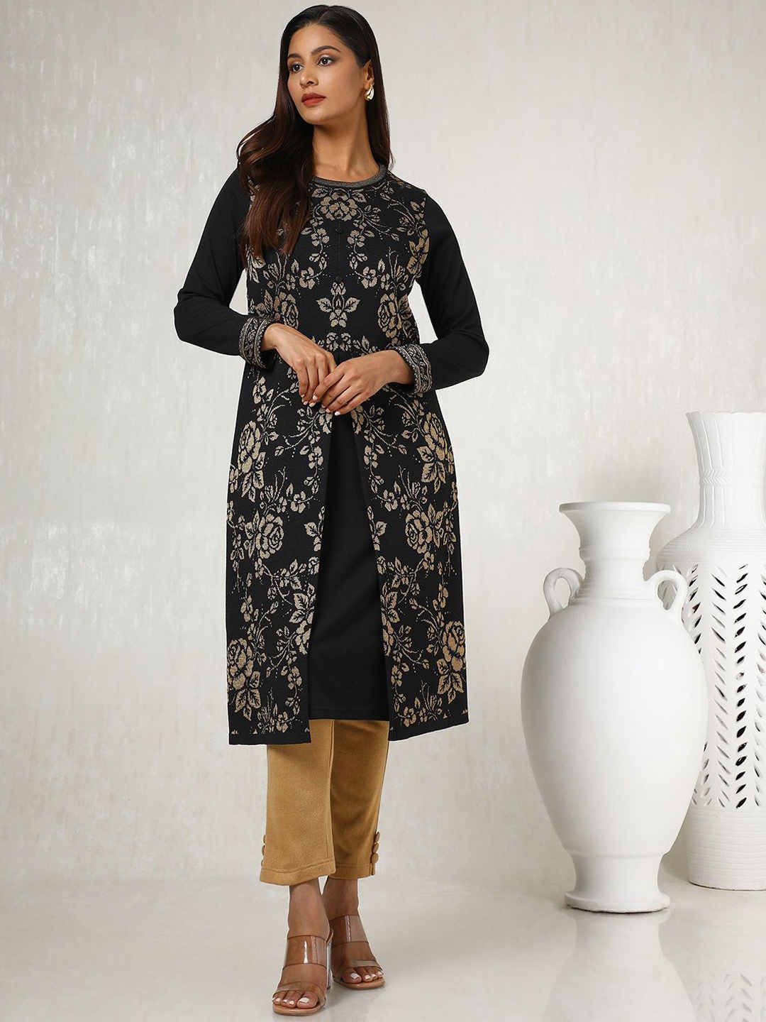 

Soch Women Acrylic Woven Design Winter Kurta, Black