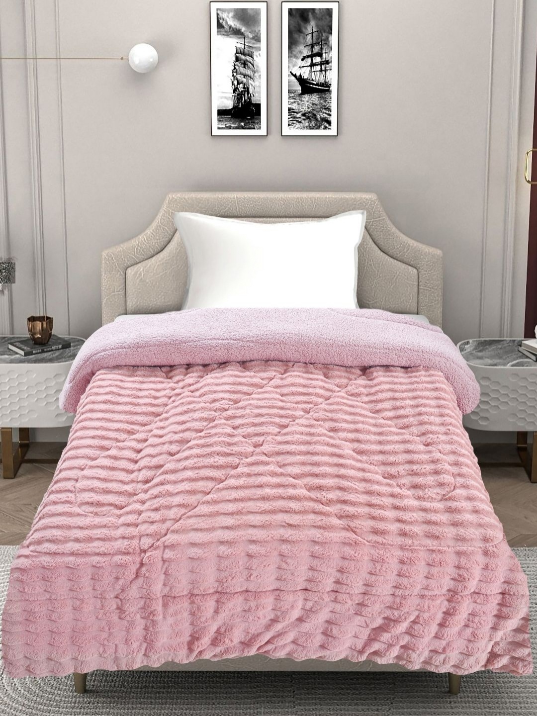 

FABINALIV Peach-Coloured Striped Woollen Heavy Winter Single Bed Quilt