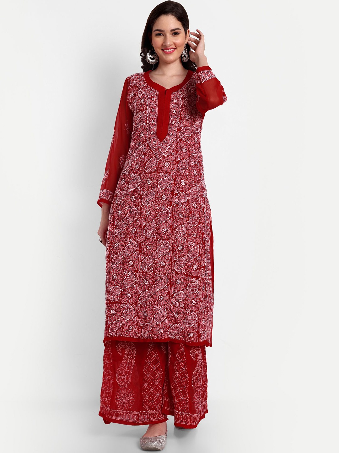 

Indiankala4u Paisley Embroidered Regular Chikankari Straight Kurta with Sharara, Red