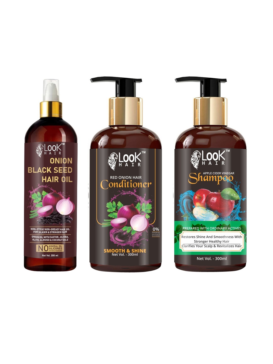 

LOOK HAIR Set Of 3 Onion Hair Fall Control Shampoo, Conditioner & Hair Oil - 300 ml Each, Red