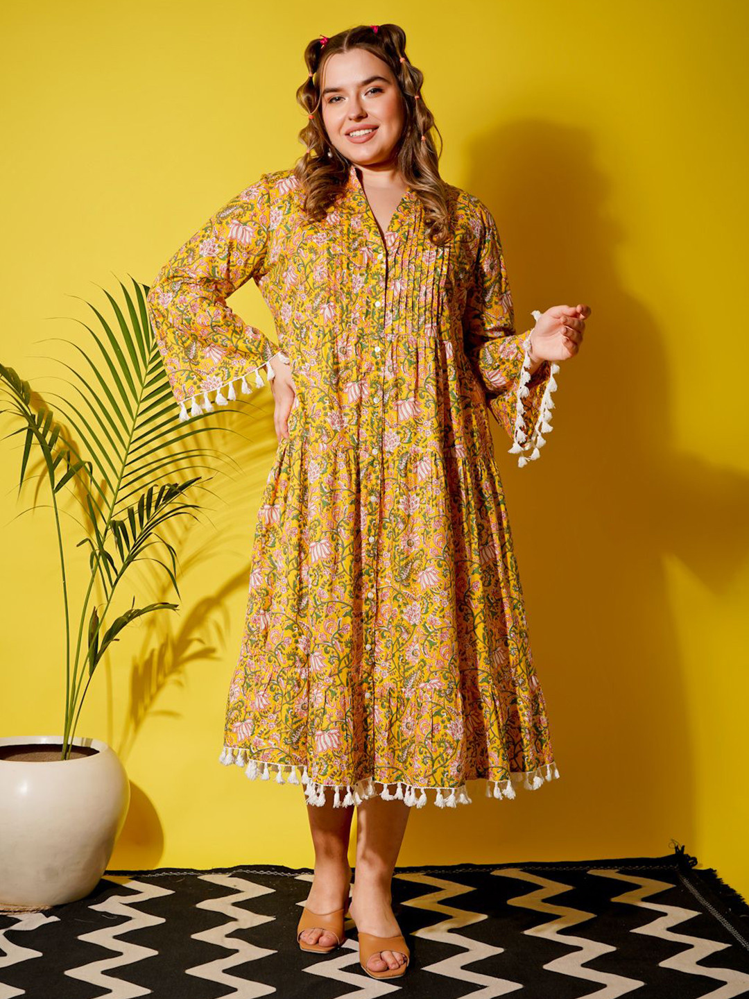 

MOOBA Print Flared Sleeve Fit & Flare Dress, Yellow