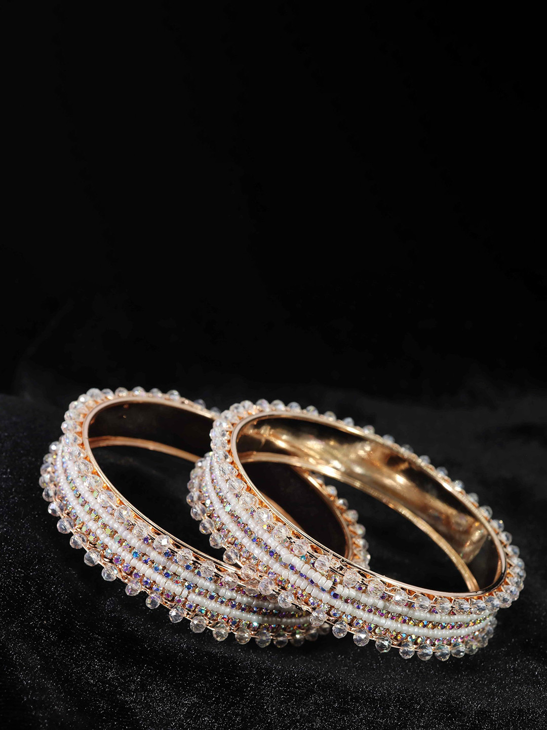

ZULKA Set of 2 Women Designer White Pearls Zircon Gemstone Metal Bangles, Cream