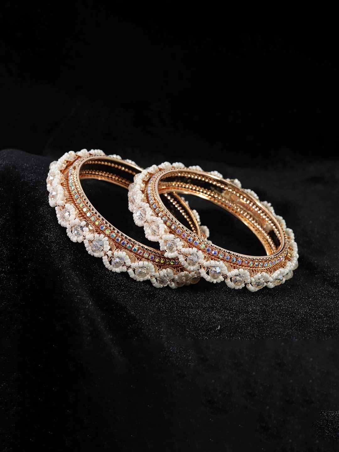 

ZULKA Set of 2 Metal White Pearls Moti & American Diamond Bangles, Rose gold